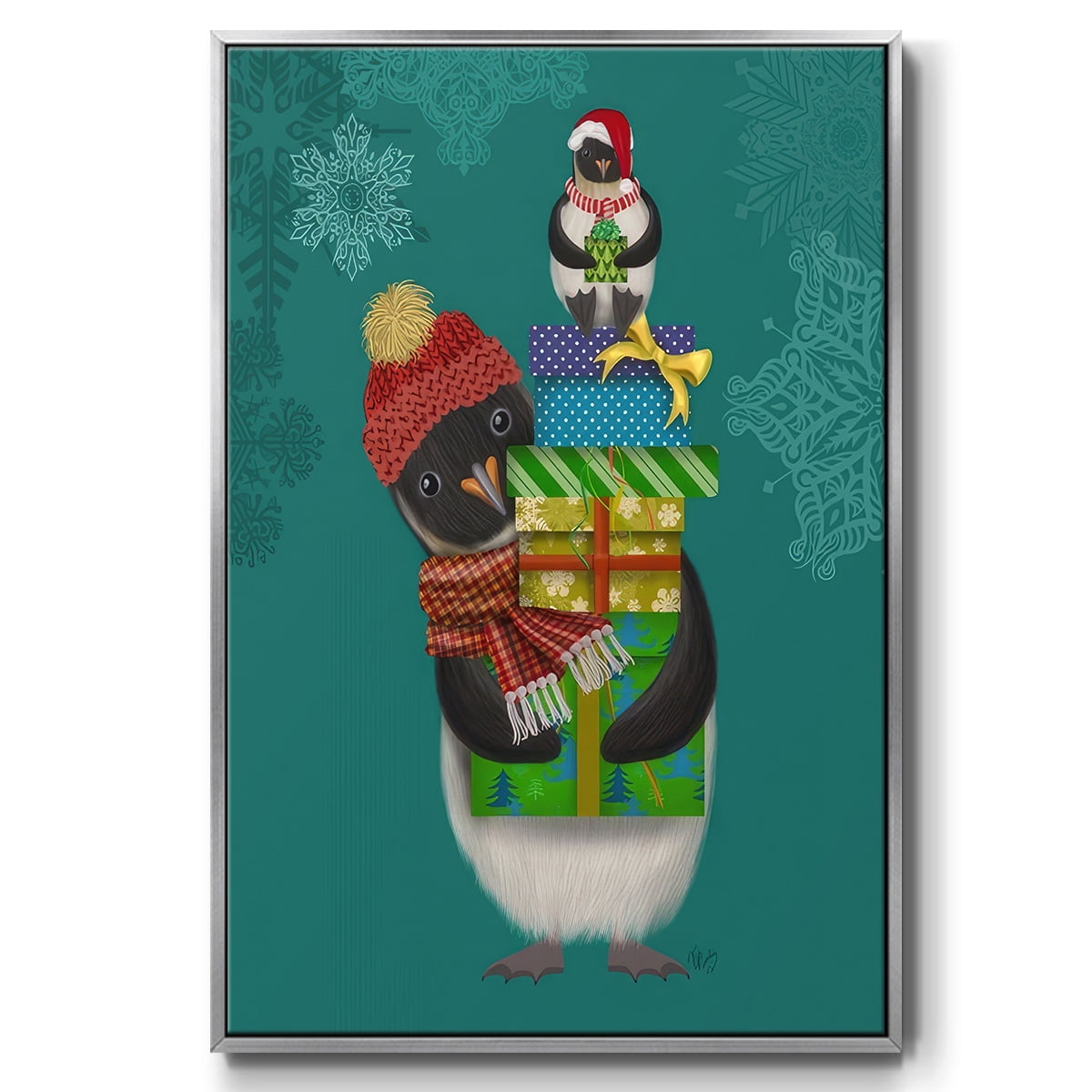 Christmas Penguin Gifts - Framed Gallery Wrapped Holiday Canvas - 17 x 25 - Silver Frame