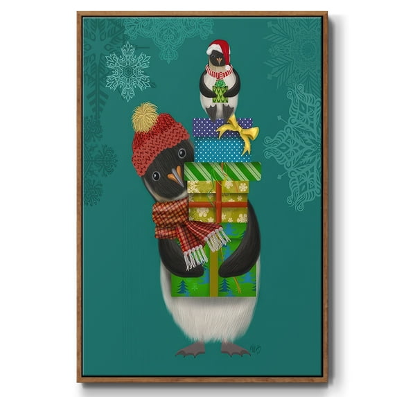 Christmas Penguin Gifts - Framed Gallery Wrapped Holiday Canvas - 25 x 37 - Rosewood Frame