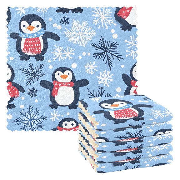 Christmas Penguin Kitchen Cloth Dish Towels for Drying Washing Absorbent Dish Rags Reusable soft kitchen dishcloth set 6 Pack