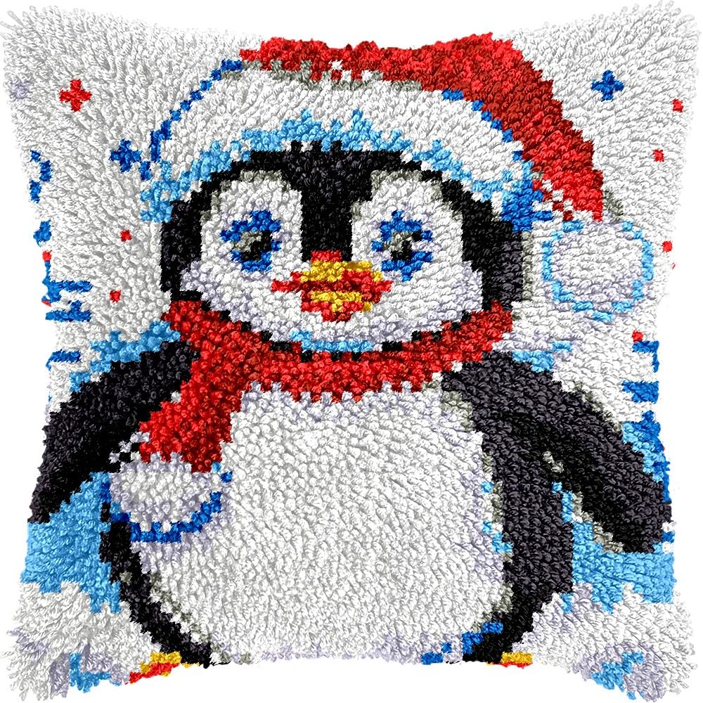 Christmas Penguin Latch Hook Kits Pillow DIY Pillowcase Crochet Hook Cushion Making Kits with Preprinted Pattern Canvas Instruction Yarns Pillow Cover Easy Starter DIY Crochet Kits 43x43cm（L22)