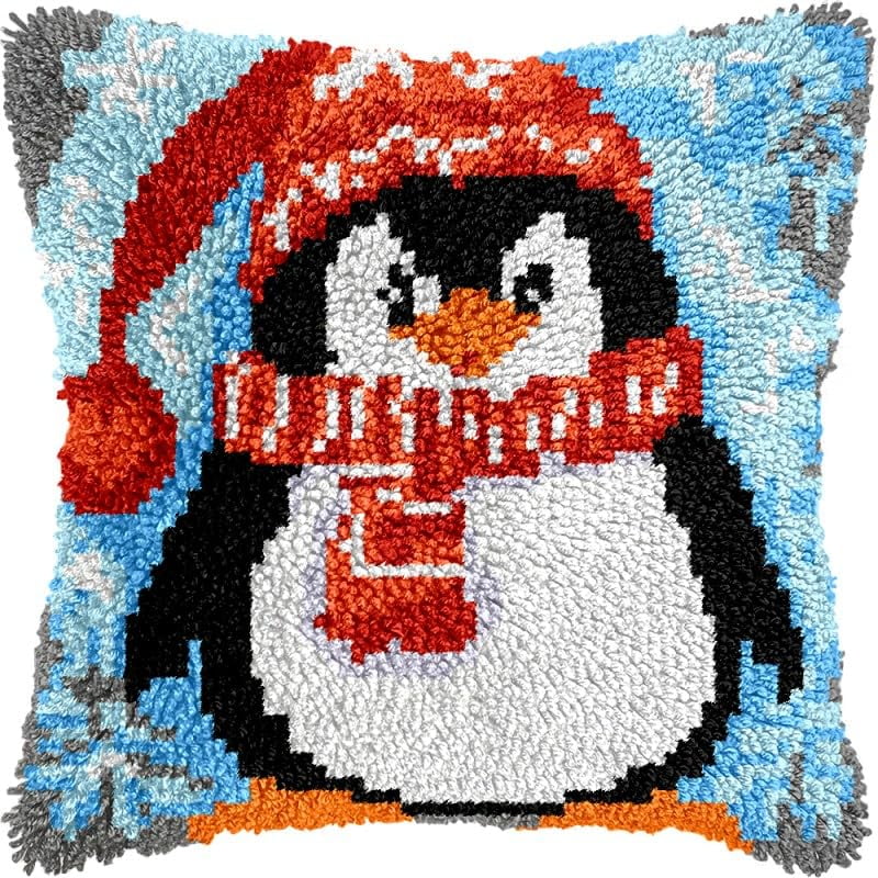 Christmas Penguin Latch Hook Pillow Kits Pillow Cover with Pattern Printed Canvas Sofa Hooking Pillowcase Cushion Crafts Embroidery Latch Hooking Crochet Starter Kits 17x17 inch(1)