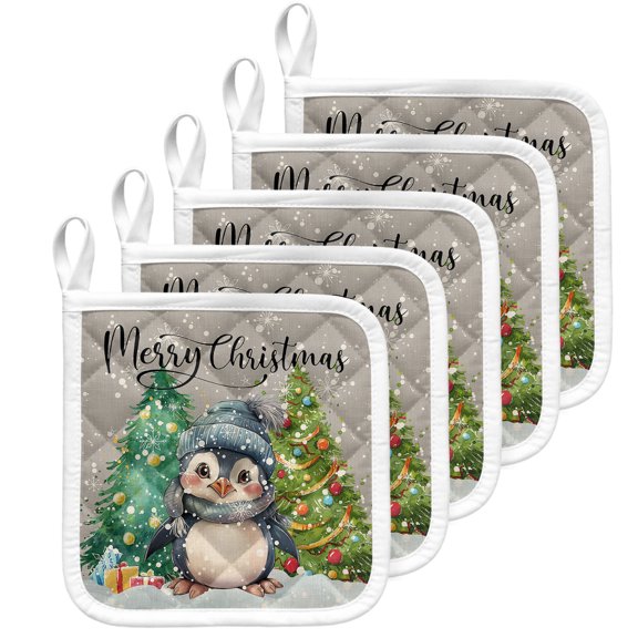 Christmas Penguin, Pot Holders for Kitchen Heat Insulation Potholder, Winter Snowflake Pine Tree Grey Kitchen Pot Holders Sets Washable Oven Hot Pads Cloth Trivet for Cooking Baking 5 Pack