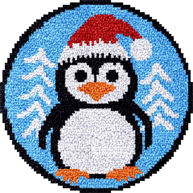 Christmas Penguin Round Shape Latch Hook Rug Kits Set for Starter Crochet Hook Cushion Mat Sofa Seat Cushion Crocheting Kits with Preprinted Canvas Crochet Yarn Kits 50X50CM (fi24)