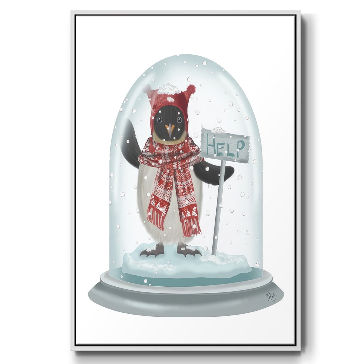 Christmas Penguin Snow Globe - Framed Gallery Wrapped Holiday Canvas - 17 x 25 - White Frame