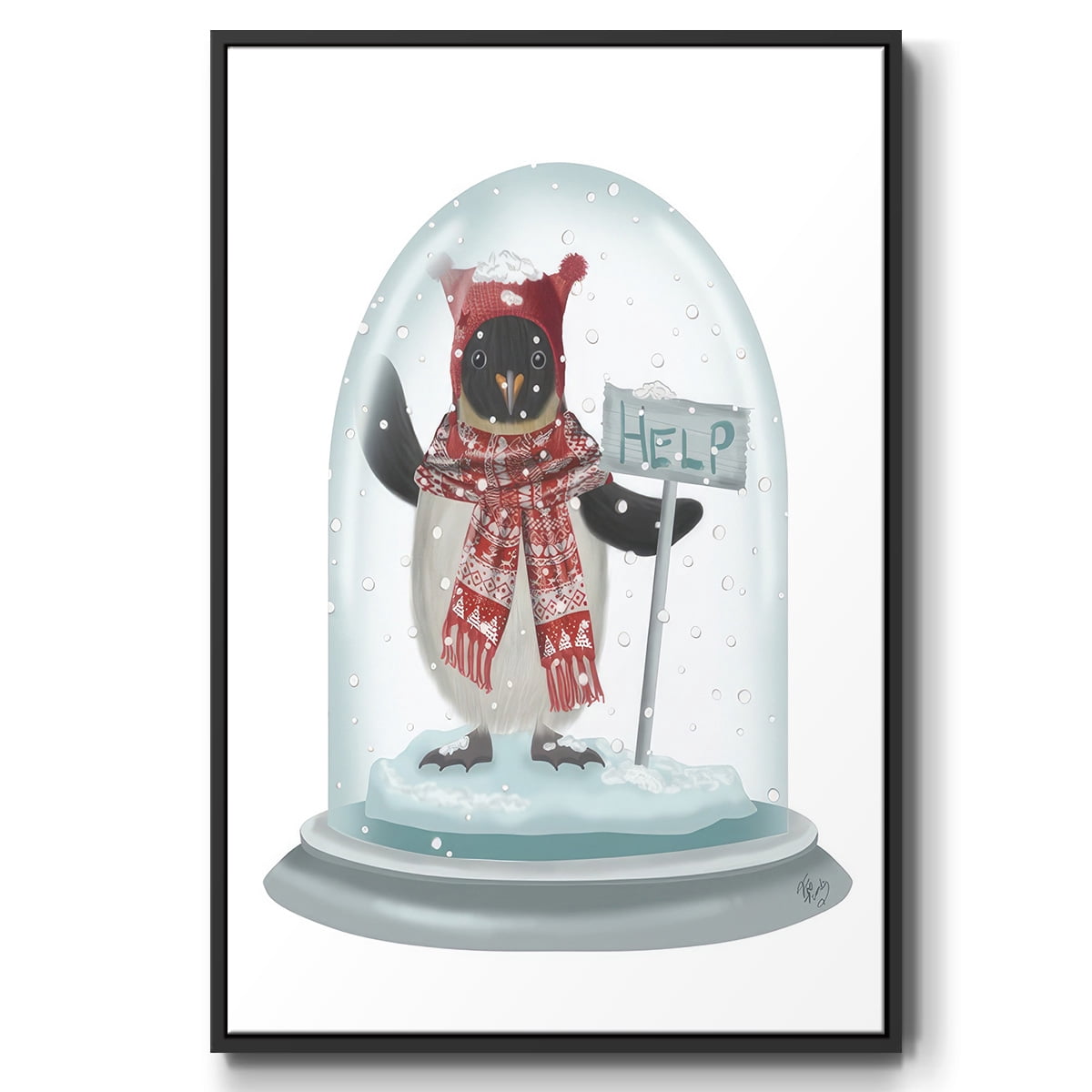 Christmas Penguin Snow Globe - Framed Gallery Wrapped Holiday Canvas - 25 x 37 - Black Frame