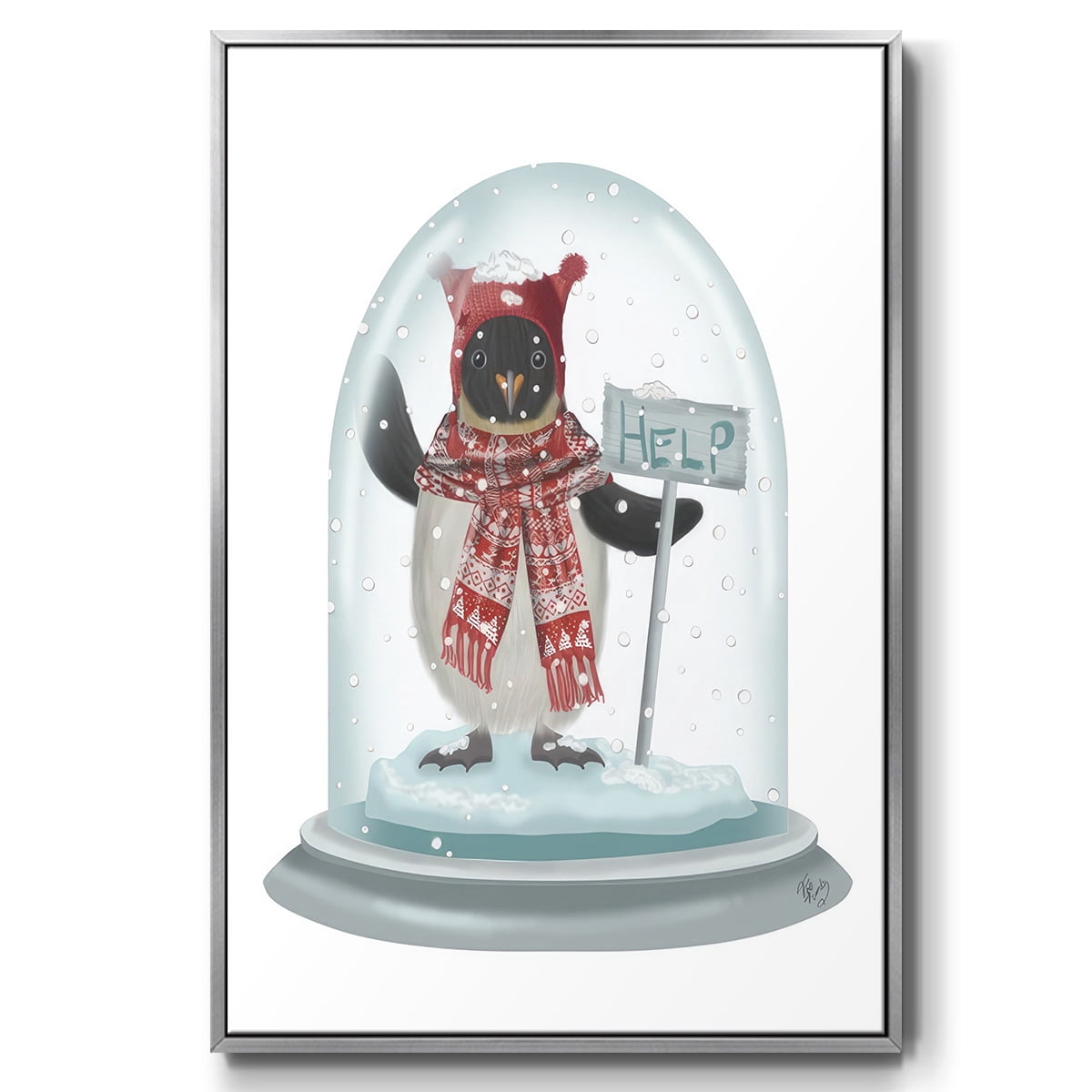 Christmas Penguin Snow Globe - Framed Gallery Wrapped Holiday Canvas - 25 x 37 - Silver Frame