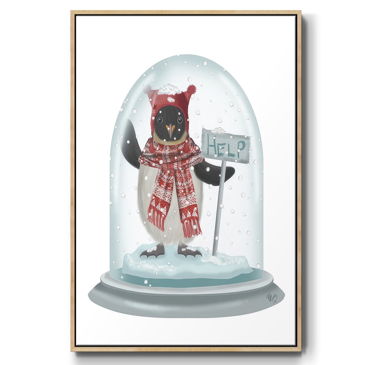 Christmas Penguin Snow Globe - Framed Gallery Wrapped Holiday Canvas - 27 x 41 - Natural Wood Frame