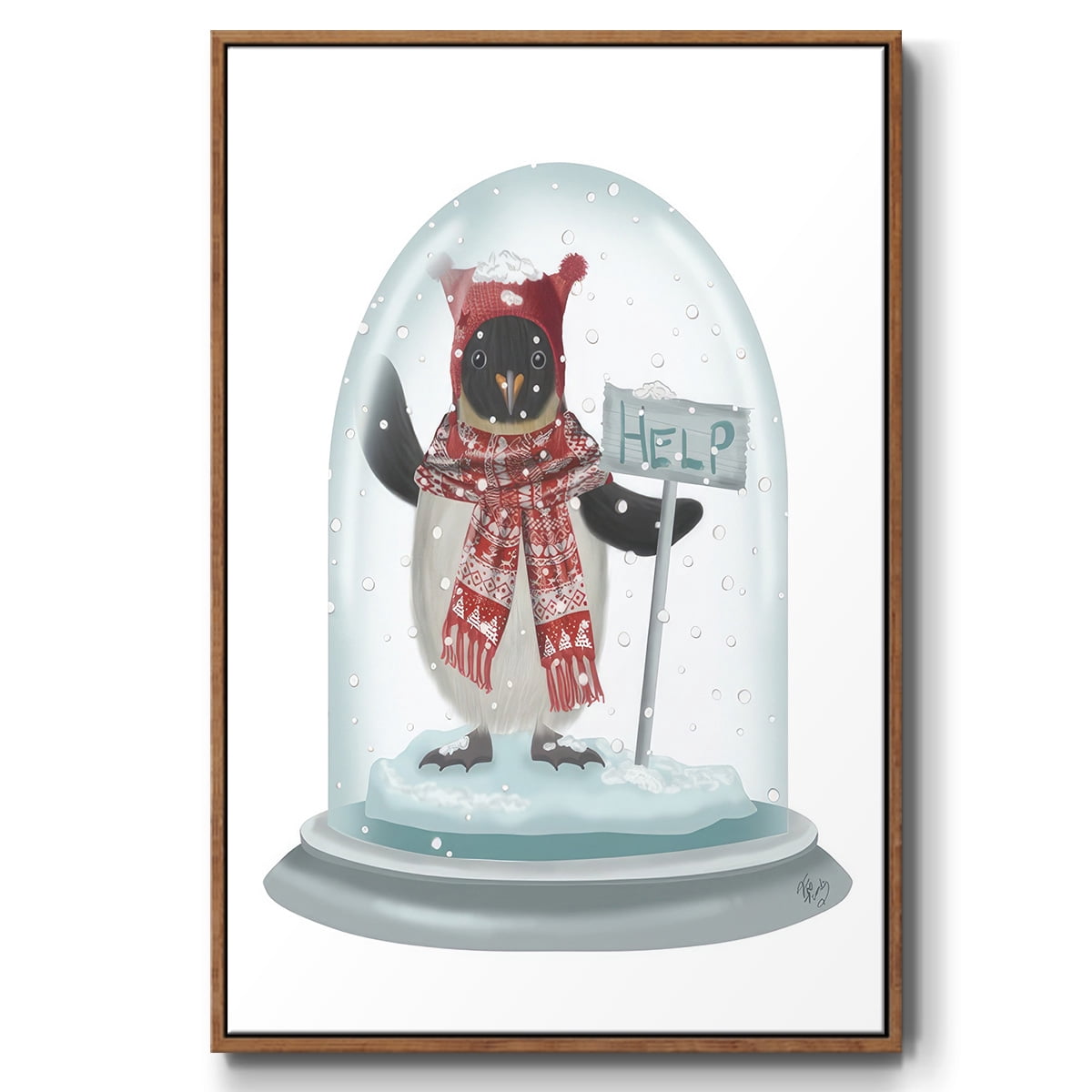 Christmas Penguin Snow Globe - Framed Gallery Wrapped Holiday Canvas - 27 x 41 - Rosewood Frame