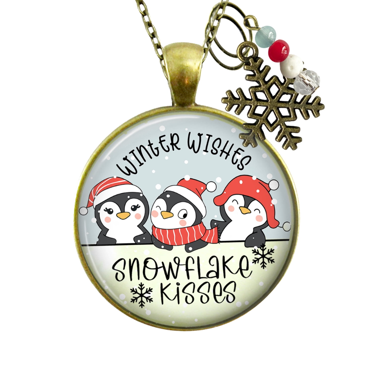 Christmas Penguin Stocking Stuffer Key Chain Jewelry Winter Wishes Snowflake Kisses Charm Handmade