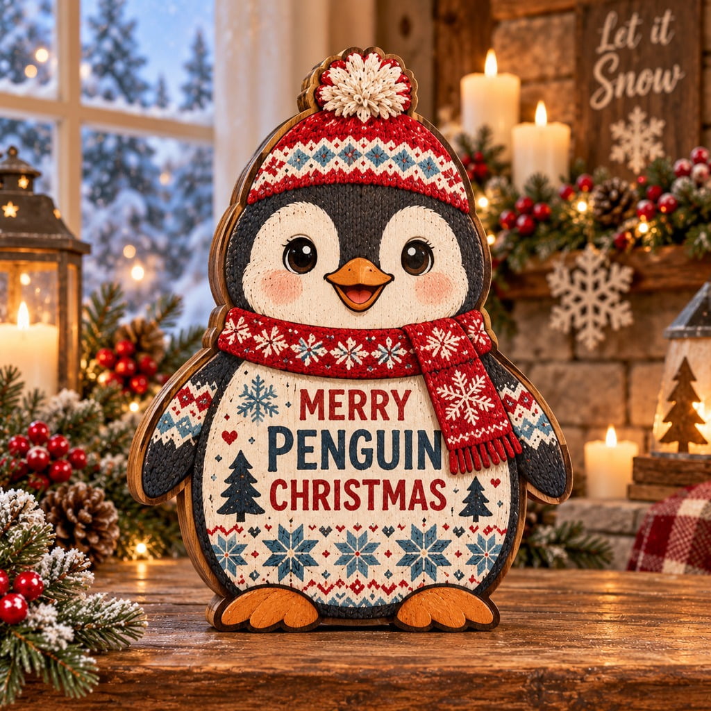 Christmas Penguin Wooden Block Gift, Fair Isle Tabletop Display for ...