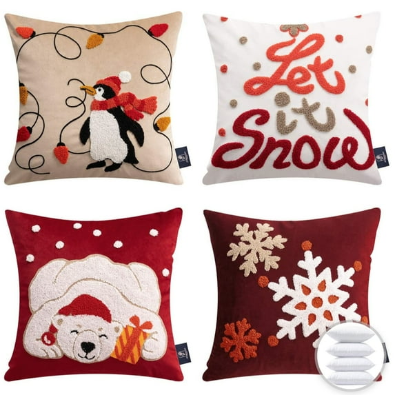 Christmas Penguin and polar bear Embroidered Decorative Holiday Series Throw Pillow with inserts, Red and Beige, 18" x 18", Set of 4