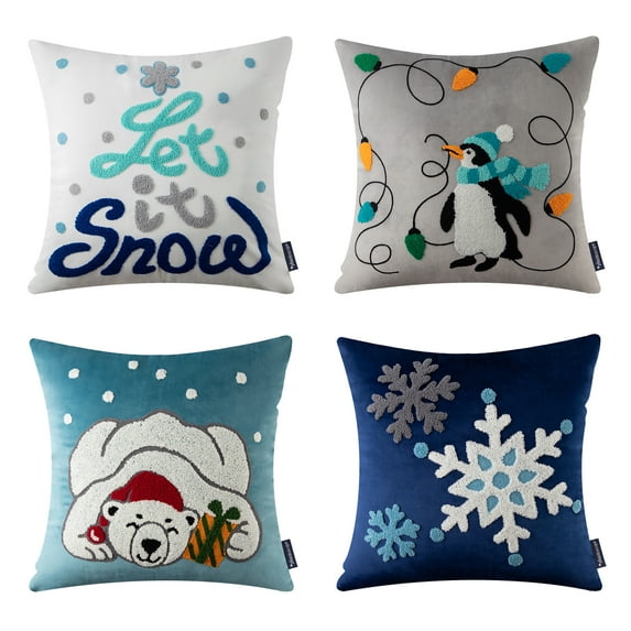 Christmas Penguin and polar bear Embroidered Decorative Pillow Covers, Holiday Series Throw Pillow, Blue, 18" x 18", Set of 4