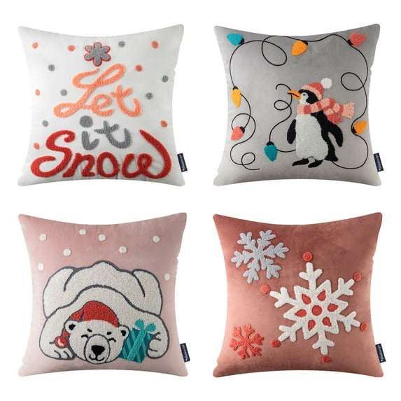 Christmas Penguin and polar bear Embroidered Decorative Pillow Covers, Holiday Series Throw Pillow, Pink, 18" x 18", Set of 4