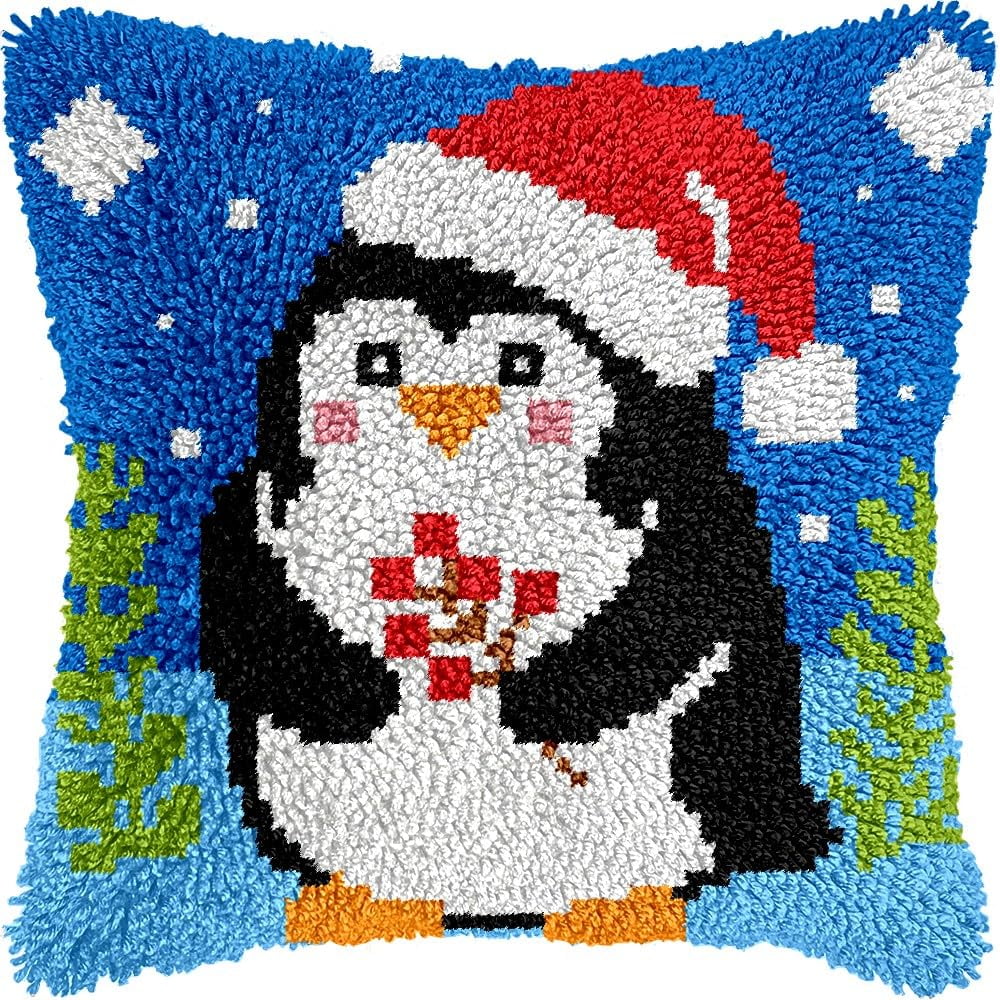 Christmas Penguin atch Hook Pillow Cover Kits for DIY Handmade Throw Pillow Cross Stitch Latch Hooking Pillowcase Kits with Preprinted Color Pattern Canvas Crochet Yarn Kits 17''X 17''(8-84)
