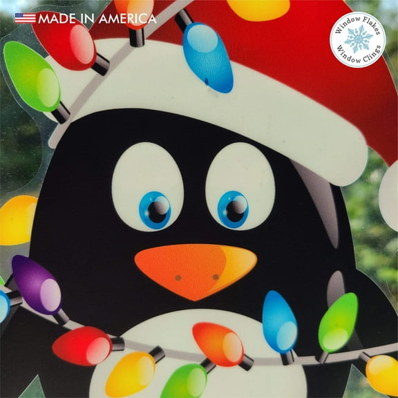 11" Colorful Christmas Penguin Window Cling Decal. Holiday & Home Decor Glass Decoration. Reusable. No Adhesive. Made in America.