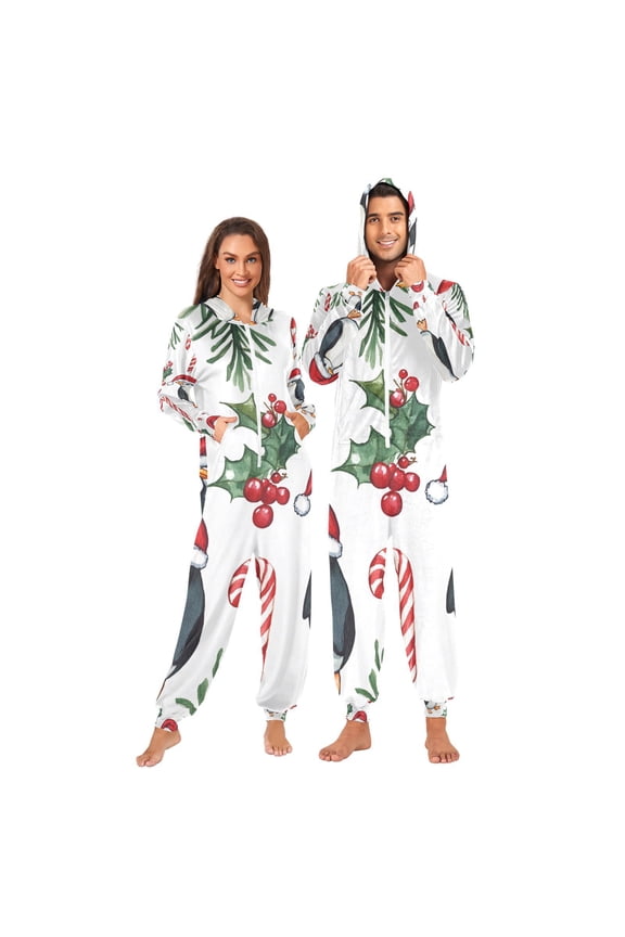 Christmas Penguins Adult Onesie Pajamas Slim Fit Christmas One Piece Suit Pjs for Women and Men Hooded Zipper
