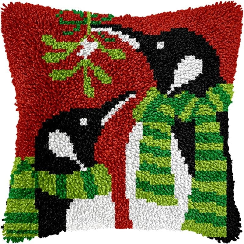 Christmas Penguins Latch Hook Pillows Kits Cushion Pillow Cover with Pattern Printed Canvas Sofa Hooking Pillowcase Crafts Embroidery Latch Hooking Crochet Kits Set 17x17 inch(1)