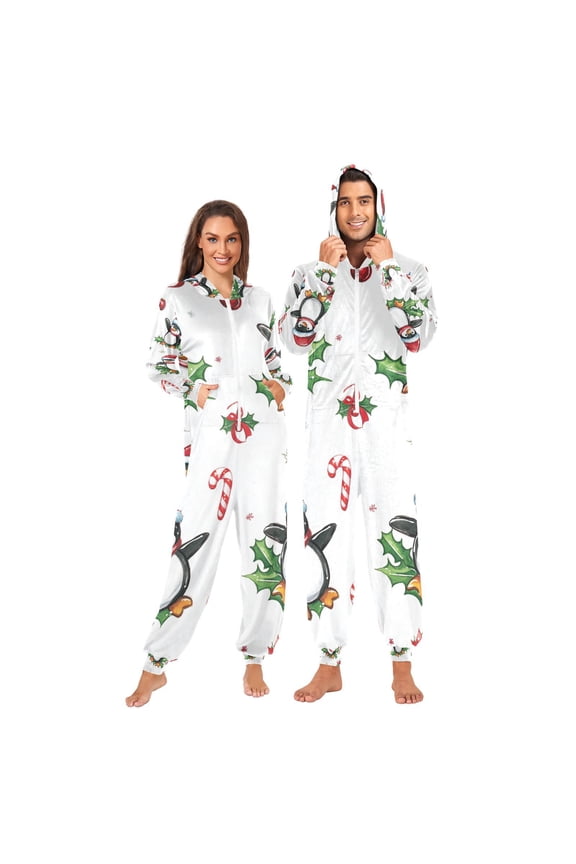 Christmas Penguins Leaves Adult Onesie Pajamas Slim Fit Christmas One Piece Suit Pjs for Women and Men Hooded Zipper