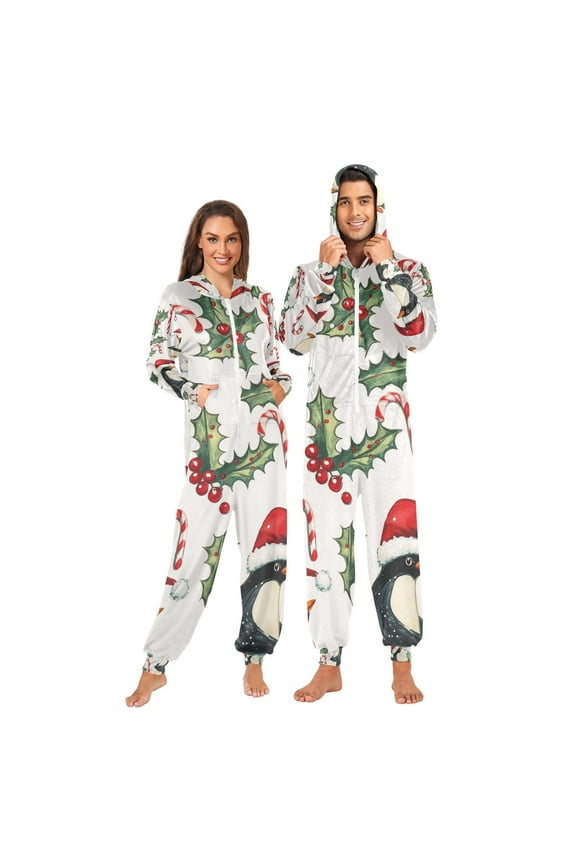 Christmas Penguins and Leaves Adult Onesie Pajamas Slim Fit Christmas One Piece Suit Pjs for Women and Men Hooded Zipper