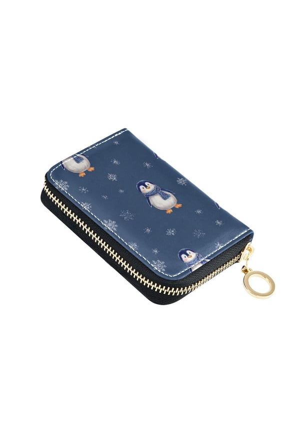 Christmas Penguins with Blue Scarf Snowflakes Women's Credit Card Holder PU Leather Zipper Wallet RFID Blocking
