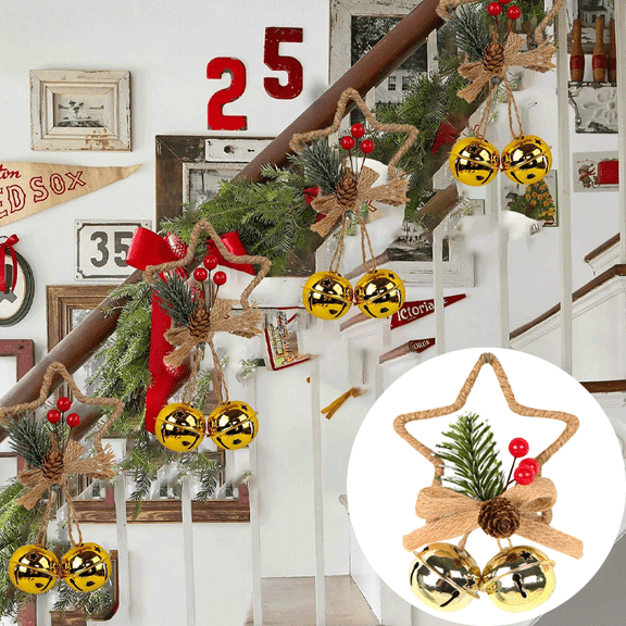 Christmas Pentagram Bells Tree Hanging Ornaments,Five Pointed Star Ring Christmas Door Hanging Bells with Holly Berries Pinecone Bow,for Holiday Home Party Decorations Gift(Gold)