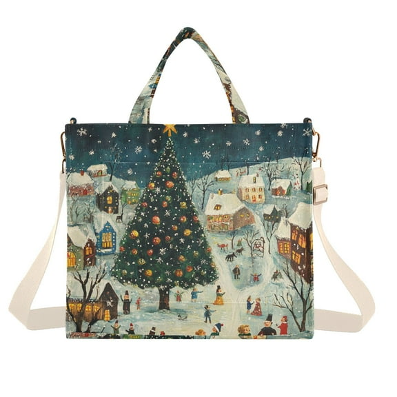 Christmas People Houses Corduroy Tote Bag Handbag Large Messenger Bag Shoulder Crossbody Zipper Bag Purse