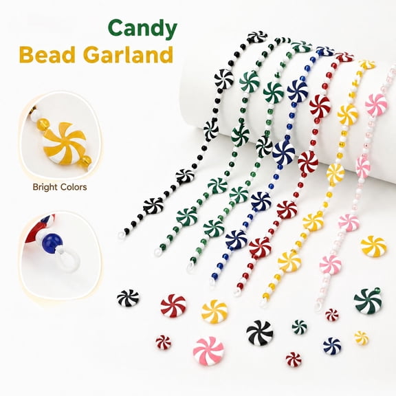Christmas Peppermint Candy Beaded Garland, Red White Windmill Candy Ornament Strand, Artificial Candy Cane Bead String for Christmas Tree Mantel Fireplace Holiday Home Decor