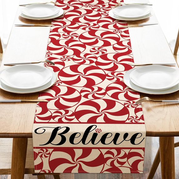 Christmas Peppermint Candy Table Runner, Red Xmas Believe Kitchen Dining Table Decoration, Winter Burlap Indoor Outdoor Home Decor Holiday Party Supply 13 x 36 Inches