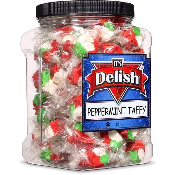 Christmas Peppermint Taffy Chews by It's Delish, 18 Oz Jumbo Reusable Container, Individually Wrapped Gourmet Soft Fluff Salt Water Taffies - Holiday Candy Cane Themed Candies for Parties