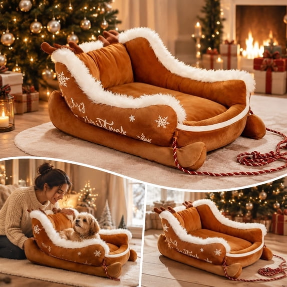 Christmas Pet Bed, Christmas Sleigh Bed, Festive Plush Cosy Bed for Dog, Funny Santa Sleigh Pet Beds, Soft Plush Washable Long-Lasting, Brown _ S
