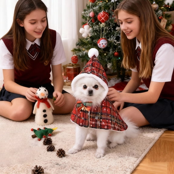 Christmas Pet Cape with Hat, Plaid Snowflake Dog Cat Cloak, Festive Holiday Costume Warm Outfit for Small Medium Pets, Xmas Photo Props M Red