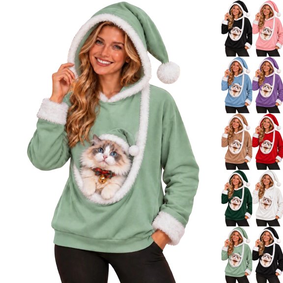 Christmas Pet Carrier Hoodie Fuzzy Xmas Elf Hat Pullover with Built-in Pet Pouch for Small Cat Dog, Holiday Warm Sweatshirt for Pet Parents Light Green S