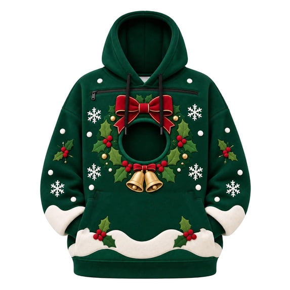 Christmas Pet Carrier Hoodie Unisex Kangaroo Pouch Sweatshirt with Zipper, Warm Oversized Cat Dog Holiday Pullover