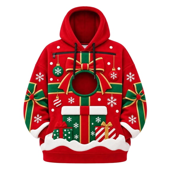 Christmas Pet Carrier Hoodie Unisex Kangaroo Pouch Sweatshirt with Zipper, Warm Oversized Cat Dog Holiday Pullover