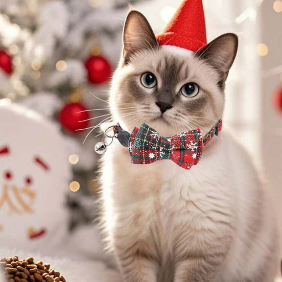 Christmas Pet Collar with Plaid Bow Tie - Holiday Adjustable Snowflake Bow Tie Dog Cat Collar Pet Costume Accessories Pet Supplies