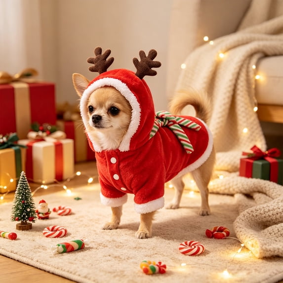 Christmas Pet Costume for Small Medium Dogs and Cats, Holiday Hoodie Outfit with 3D Print, Adjustable Drawstring, Stretch Fabric Party Dress Up, Multiple Sizes, Easy On and Off