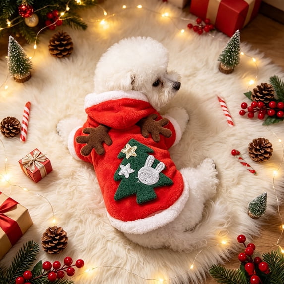 Christmas Pet Costume for Small Medium Dogs and Cats, Holiday Hoodie Outfit with 3D Print, Adjustable Drawstring, Stretch Fabric Party Dress Up, Multiple Sizes, Easy On and Off