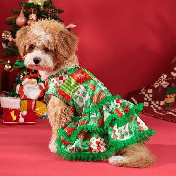 Christmas Pet Dress Dog Clothing Holiday Party Outfit Festive Pet Apparel Ruffle Sleeve Design Small Dog Cat Christmas Gift Pet Fashion Accessory