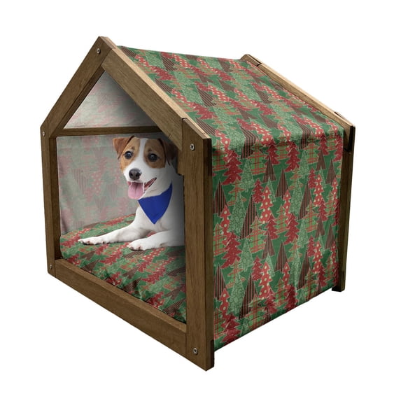 Christmas Pet House, Abstract Pines with Swirls Dots Lines Design Patchwork Style Print, Outdoor & Indoor Portable Dog Kennel with Pillow and Cover, 5 Sizes, Dark Coral Dark Green, by Ambesonne