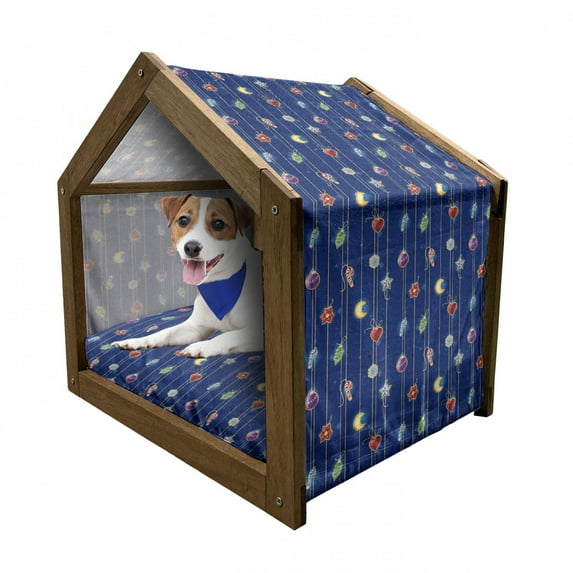 Christmas Pet House, Celebratory Object on Stripes Star Moon Candy Flower Xmas Theme Illustration, Outdoor & Indoor Portable Dog Kennel with Pillow and Cover, 5 Sizes, Multicolor, by Ambesonne