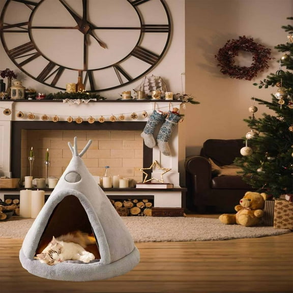 Christmas Pet House, Cozy Reindeer Tent Bed for Small Dogs Cats, Soft Washable Cloth with Non Slip Waterproof Bottom, Comfortable Indoor Holiday Hideaway Perfect Christmas Gift for Pets Owners-Gray