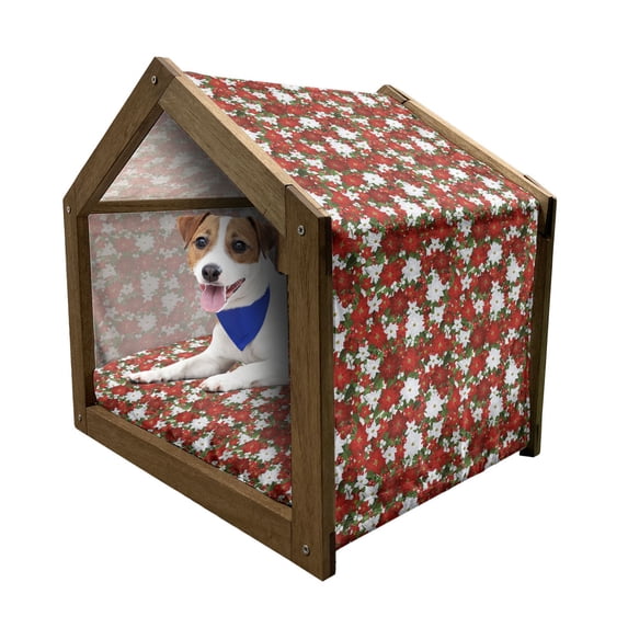 Christmas Pet House, Poinsettia Flower Holly and Mistletoe in Natural Traditional Combination, Outdoor & Indoor Portable Dog Kennel with Pillow and Cover, 5 Sizes, White Red Green, by Ambesonne