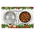 thumbnail image 1 of Christmas Pet Mat for Food and Water, Celebration Borders Fir Tree Classic Garland Gingerbread Man Lollipops Presents, Non-Slip Rubber Mat for Dogs and Cats, 18" X 12", by Ambesonne, 1 of 1
