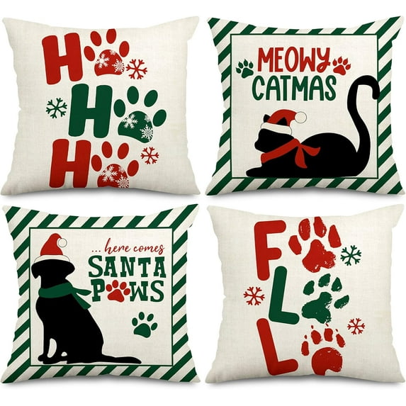 Christmas Pet Pillow Covers Christmas Dog Cat Throw Pillow Case 18 x 18 Inch Decorative Cute Animal Cushion Cover for Home Couch Sofa Farmhouse Decor, Set of 4