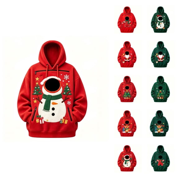 Christmas Pet Pouch Hoodie Men Women Long Sleeve Cute Graphic Loose Hooded Sweatshirt Pullover Tops Dog Cat Carrier Hoodie