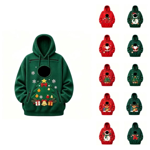 Christmas Pet Pouch Hoodie Men Women Long Sleeve Cute Graphic Loose Hooded Sweatshirt Pullover Tops Dog Cat Carrier Hoodie