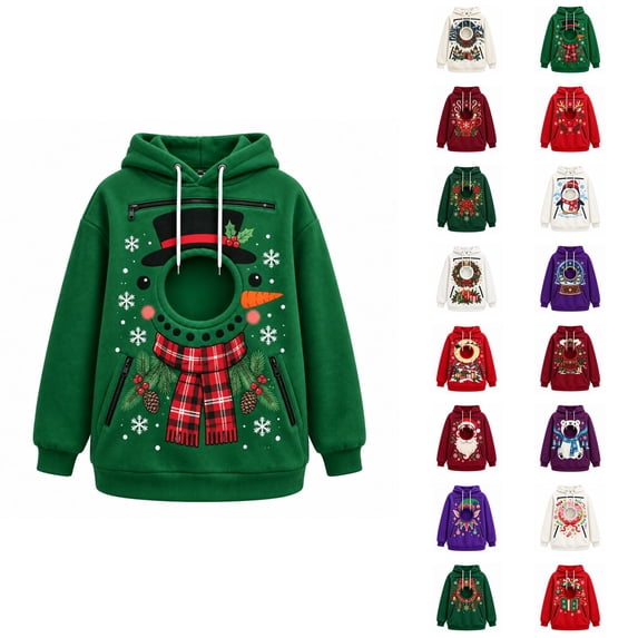 Christmas Pet Pouch Hoodie Women Men Long Sleeve Festive Graphic Loose Casual Pullover Sweatshirt Dog Cat Carrier Hoodie