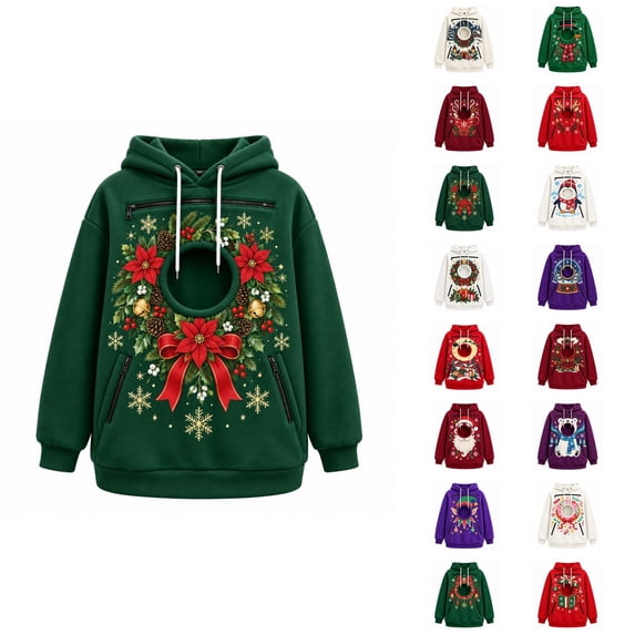 Christmas Pet Pouch Hoodie Women Men Long Sleeve Festive Graphic Loose Casual Pullover Sweatshirt Dog Cat Carrier Hoodie