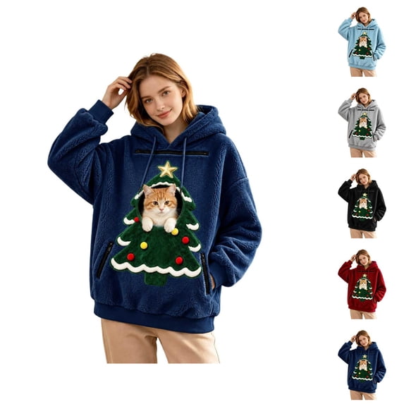 Christmas Pet Pouch Hoodie for Women Long Sleeve Xmas Tree Graphic Loose Flannel Pullover Sweatshirt Dog Cat Carrier Hoodie