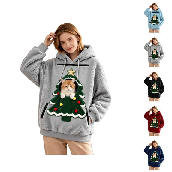 Christmas Pet Pouch Hoodie for Women Long Sleeve Xmas Tree Graphic Loose Flannel Pullover Sweatshirt Dog Cat Carrier Hoodie